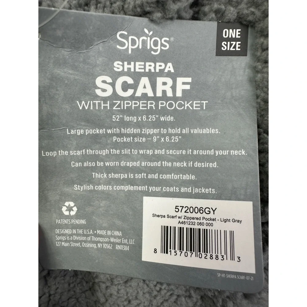 Sprigs Sherpa Scarf with Zipper‎ Pocket Light Gray 52x6.25 One Size 572006GY